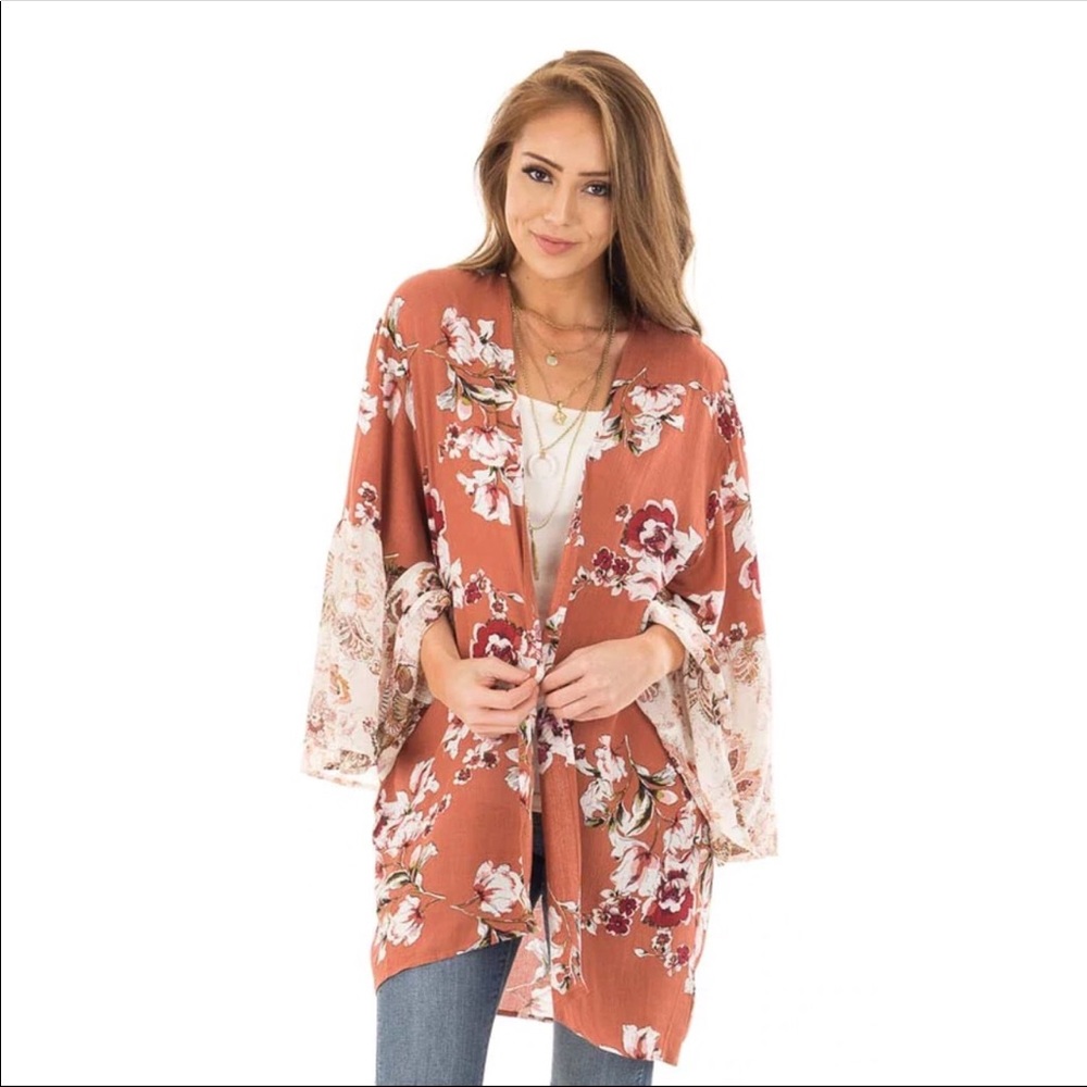 Boho Floral Blooms Rustic Orange Kimono - Picture 2 of 8